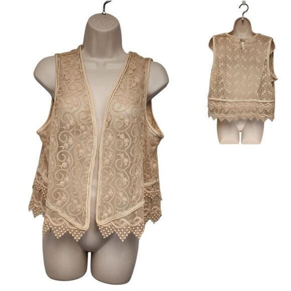 CHICO'S The Unforgettable Years Lace Charlotte Detailed Frappe Tan Vest L/XL - Picture 1 of 5